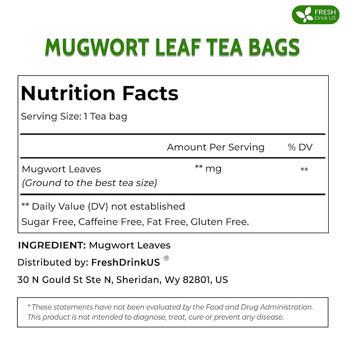 FreshDrinkUS, Premium 25 Mugwort Leaf Tea Bags, 100% Natural and Pure Mugwort Leaves. Loose Leaf Herbal Tea. No Sugar, No Caffeine, No Gluten, Vegan. (25 Tea Bags)