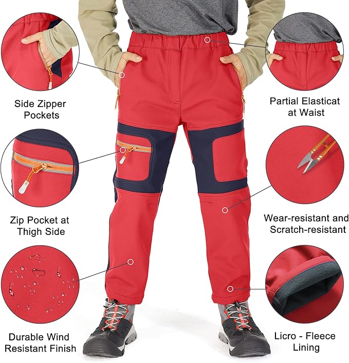 linlon Kids Boy's Snow Waterproof Pants Youth Fleece Lind Hiking Softshell Warm Insulated Trousers