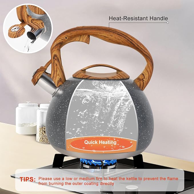 Tea Kettle, Vegoran 100 OZ / 3 Liter Whistling Tea Kettle, Tea Pots for Stove Top Food Grade Stainless Steel with Wood Pattern Folding Handle, Loud Whistle Kettle for Tea, Coffee, Milk (Gray)