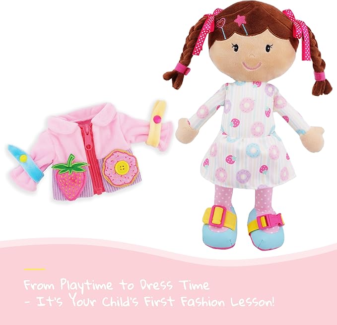 June Garden 15.5" Dressy Friends Daisy - Educational Stuffed Plush Doll for Kids and Toddlers 2 Years and Up - Montessori Buckle Soft Toy