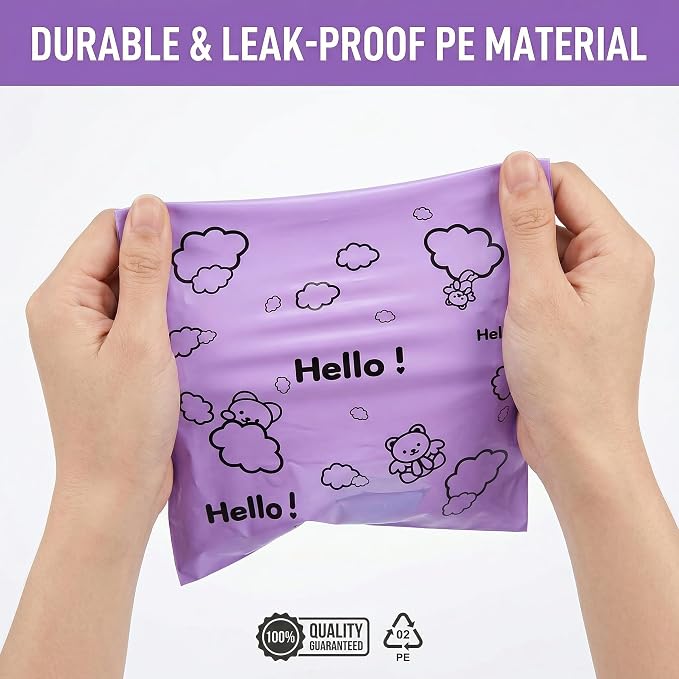 [110 Count] Bynibiny Purple Feminine Hygiene Disposal Bags for Pads | PE Self-Sealing Sanitary Napkin Bags with Adhesive Strip, 29x17cm, Teddy Bear Print, Discreet for Bathroom, Travel, Office