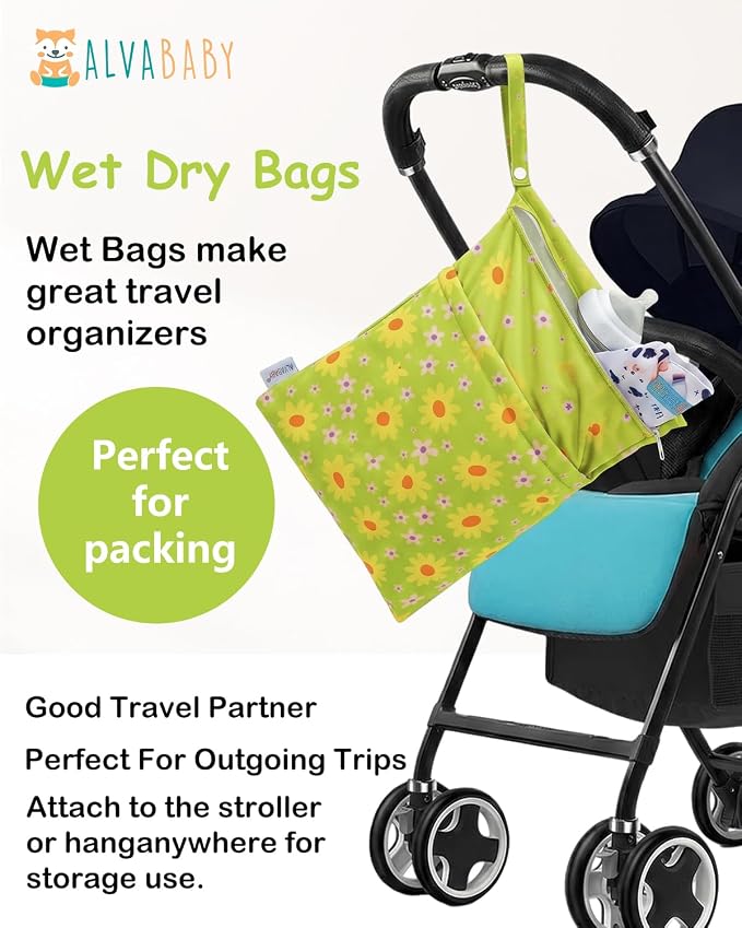 ALVA ALVABABY 3pcs Medium Cloth Diaper Wet Dry Bags Waterproof Reusable with Two Zippered Pockets Travel Beach Pool Daycare Soiled Baby Items Yoga Gym Bag for Swimsuits or Wet Clothes 3L-ZM46