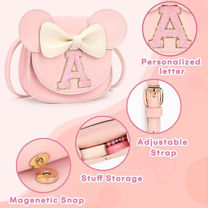 mibasies Toddler Purse Girl Gifts: Girls Birthday Gifts for 3-8 - Toys for Ages 2-4 Girls Mouse Ears Purse, Pink, Letter A
