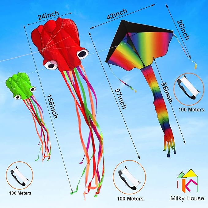 3 Pack Octopus Kite - 3D Beach Kites for People & Kids (Blue, Green, Red) - Easy to Fly, Kite Kit with 100M String