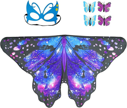 Butterfly Costume for Girls Fairy Wings Kids 4 Pcs(Cape,Skirts,Masks,Hair Clips) Butterfly Wings for Halloween Gifts (Starry Sky Blue)