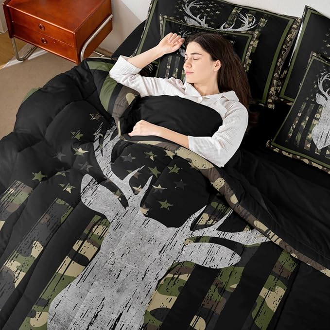Feelyou Deer Hunting Camo Comforter Set Twin Size 7 Pieces Green Camouflage Camo Bedding Set American Flag Bed in a Bag with Comforter, Sheets, Pillowcases, Cushion Covers Wild Animal Bedroom Decor