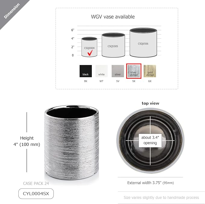WGVI Silver Etched Ceramic Cylinder Vase Width 3.75" Height 4", Flower Arrangements, Candle Holder, Terrarium Planter Pot, Storage Container Organizer, Pen Brush Holder, Scratched Texture, 6 Pcs