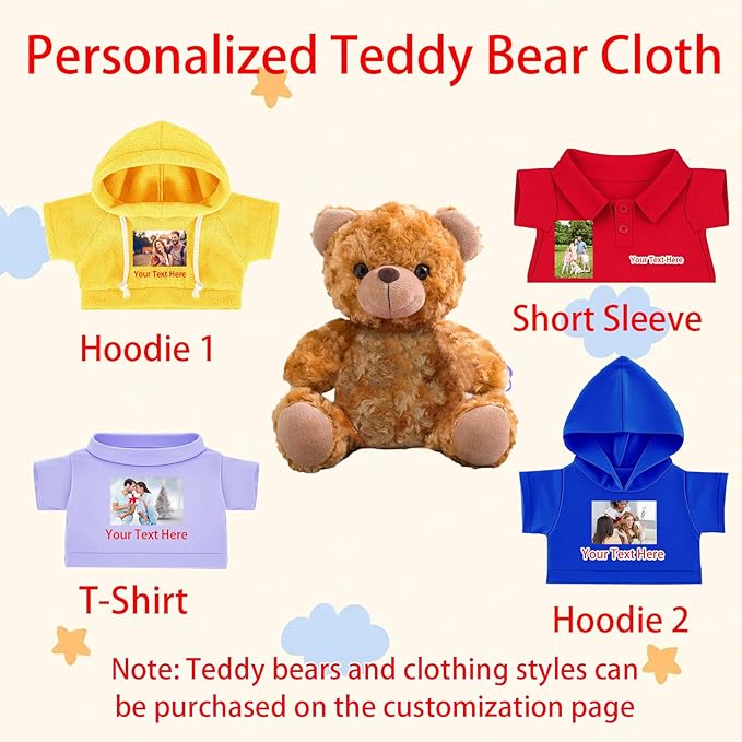 Custom Teddy Bear Clothes with Name Photo, Personalized Stuffed Animal Clothing Fit 8-16inch Stuffed Bear Clothing, Personalized Doll Clothes Make Your Own Plush Doll Shirt