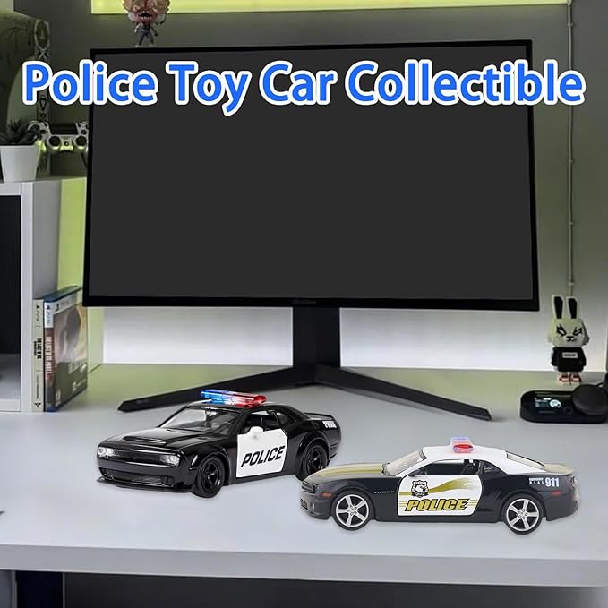 OTONOPI 2 Packs Police Car Toys, 1/36 Die Cast Metal Car Model American Cop Car for Collectible, Police Vehicles Toy Set Challenger and Camaro Pull Back 5 inch City Rescue for Kids Boy Girl Age 3-12