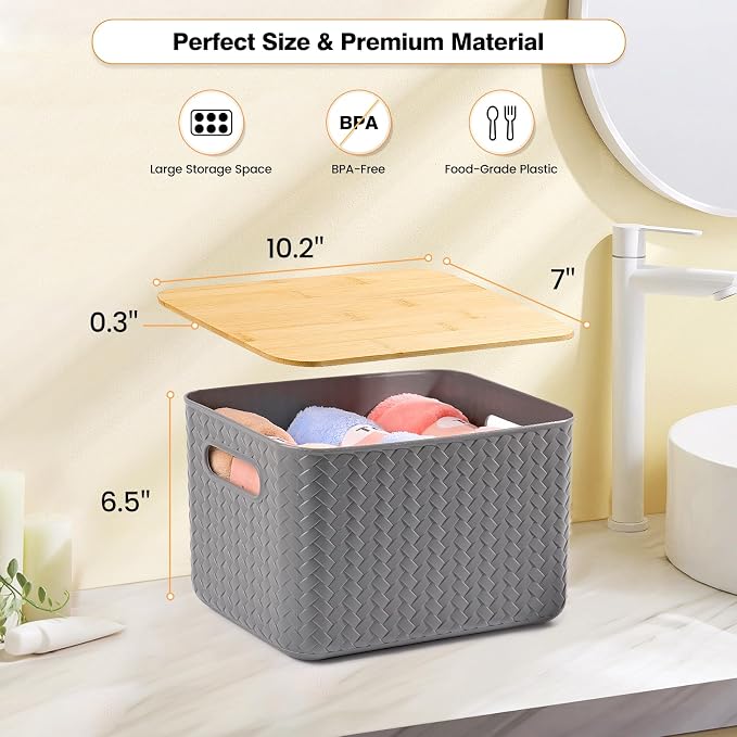 Ohmlove 4 Packs Storage Bins with Bamboo Lids - Plastic Storage Containers with Lids Stackable Storage Box：Storage Baskets for Organizing Desktop Closet Playroom Classroom Office,Gray