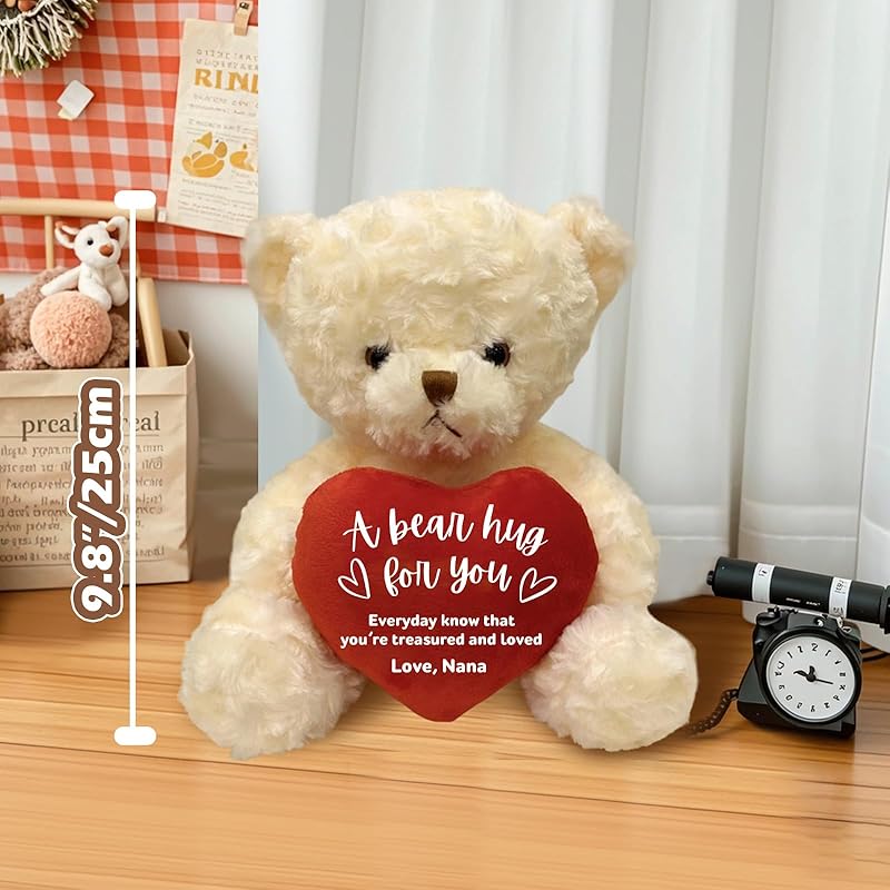 Personalized Teddy Bear Stuffed Animal with Heart, 9.8 Inch Custom Bear Plush with Name Text Logo, Christmas Birthday Gift for Girls Kids Adults Valentines Graduation Keepsake