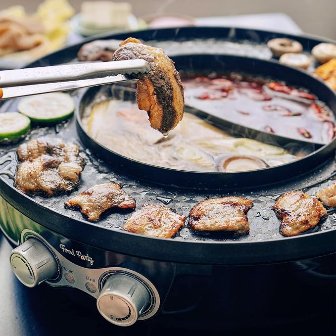 Food Party Hot Pot Electric Korean BBQ Grill Combo Hotpot Smokeless Indoor Grill 16.5" Detachable Easy Cleaning 110V 1800W Shabu Shabu Pot with Divider