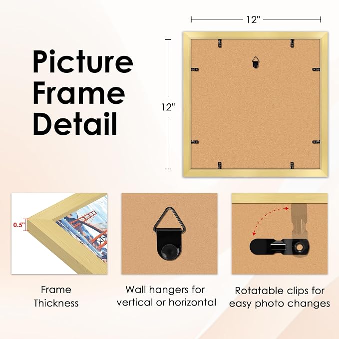 12x12 Picture Frame Gold Set of 2, Photo Frame with HD Plexiglass, Display Pictures 8x8 with Mat or 11x17 Without Mat, Gold Picture Frames Collage Wall Decor, Gallary Wall Frame