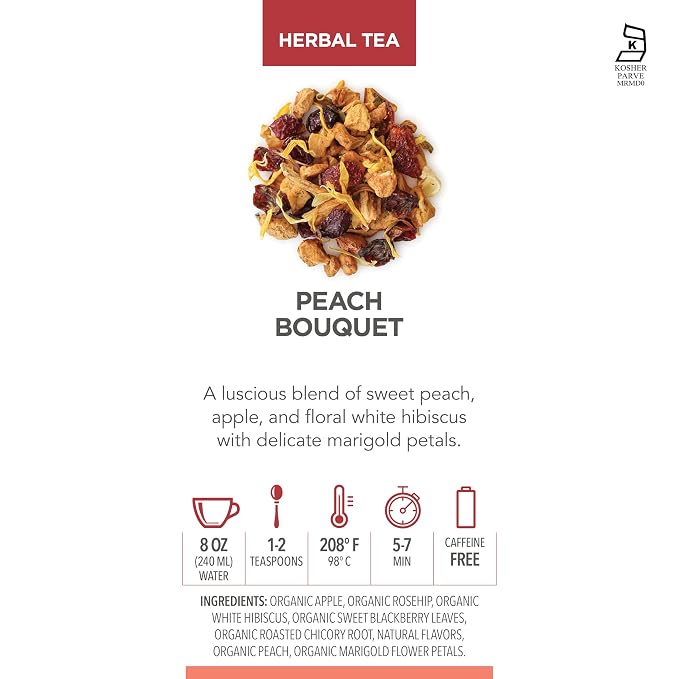 Teabloom Peach Bouquet Loose Leaf Herbal Tea with Peach, Apple & Chicory | Fruity Caffeine-Free Blend for Hot or Iced Tea | Canister Makes 35–50 Cups | Gift-Ready Reusable Tin