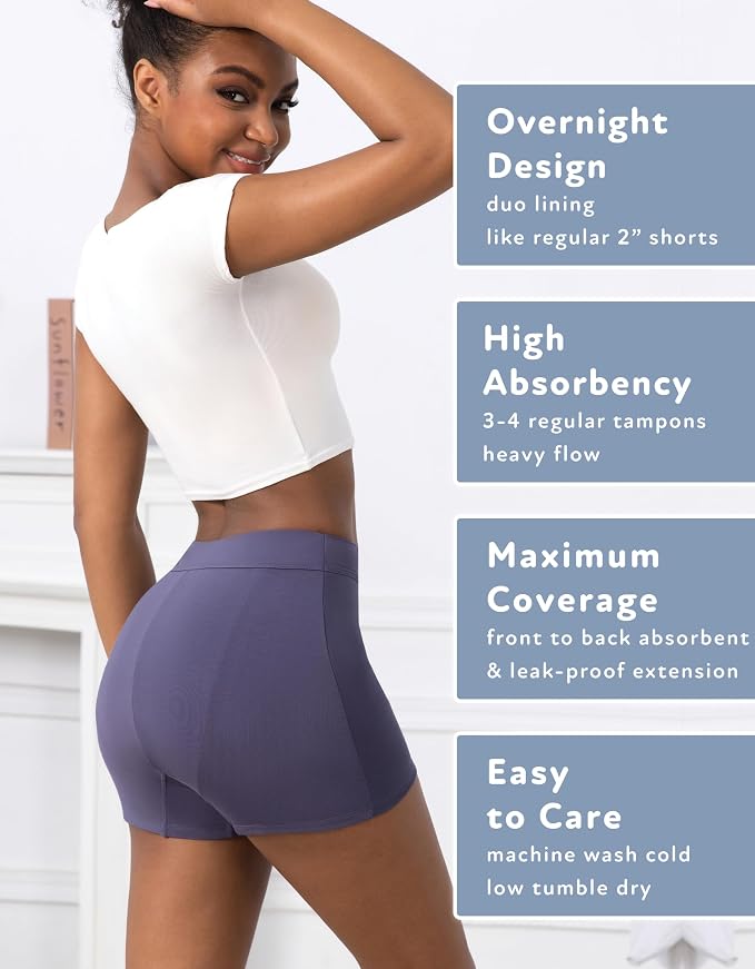 Goat Union Overnight Period Shorts for Women - 2" Absorbent Sleep Period Boyshorts Heavy Flow