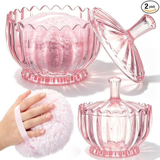 Tioncy 2 Pcs Extra Large Dusting Powder Puff and Container for Women-6'' Glass Crystal Dusting Powder Container Soft Washable Reusable Velour Face(Pink,Scalloped)