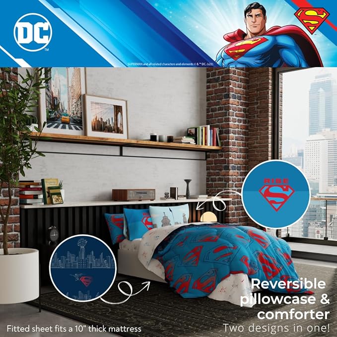 Superman DC Comics Kids Bedding Super Soft & Cozy Reverisble Microfiber Comforter and Sheet Set with Sham, 5 Piece Twin Size, (Officially Licensed Product) By Franco