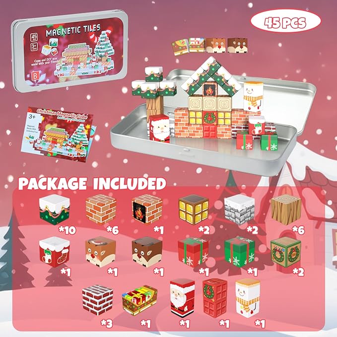 Magnetic Blocks Set, 45PCS Educational STEM Christmas Travel Building Toys for Kids 3+, Portable Magnetic Block with Metal Storage Box, Toddler Learning Toys for Boys Girls 4-8 Birthday Gift