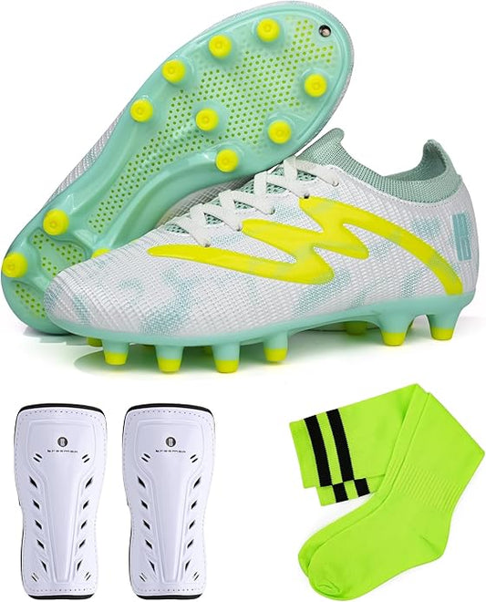 brooman Kids Firm Ground Soccer Cleats Boys Girls Football Shoes with Shin Guards and Soccer Socks