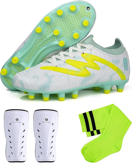 brooman Kids Firm Ground Soccer Cleats Boys Girls Football Shoes with Shin Guards and Soccer Socks