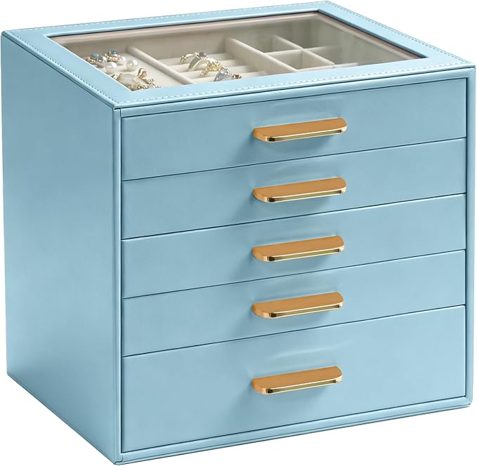 Homeanda Jewelry Boxes Organizer with Glass Lid, 5-Layer PU Leather, Blue | Modern style display case with 5 drawers for daily jewelry, women, mom or girl gift