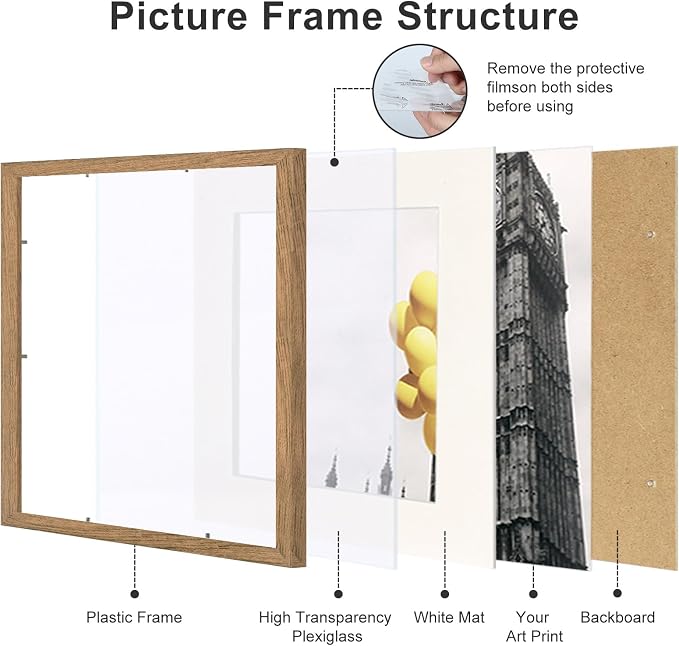 12x12 Picture Frame Set of 9, Display Pictures 8x8 with Mat or 12x12 without Mat, Multi Collage Gallery Square Photo Frames for Wall or Tabletop,Light Brown
