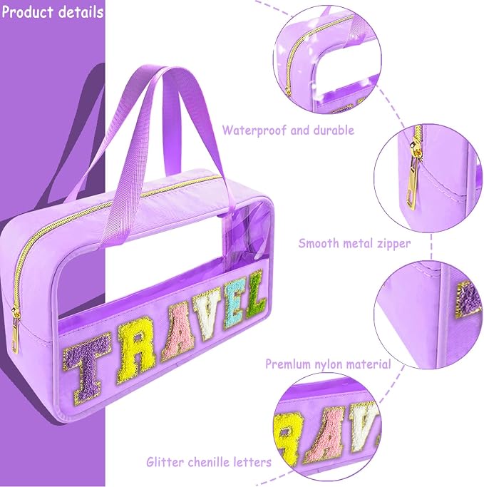 Bunliuys Chenille Letter Clear Makeup Bag Travel Patch, Travel Toiletry Makeup Bag with Handle, Nylon Waterproof Makeup Bags clear cosmetic bag, preppy patch makeup bag for Women (TRAVEL-Violet)