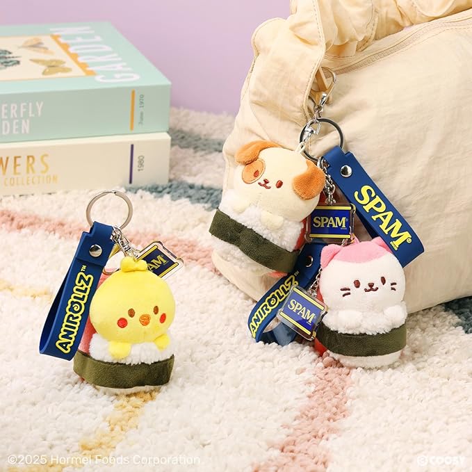 Anirollz Kittiroll SPAM® Musubi Plush Charm – Cute Mini Plush Keychain with SPAM® Can Charm & Lobster Clasp