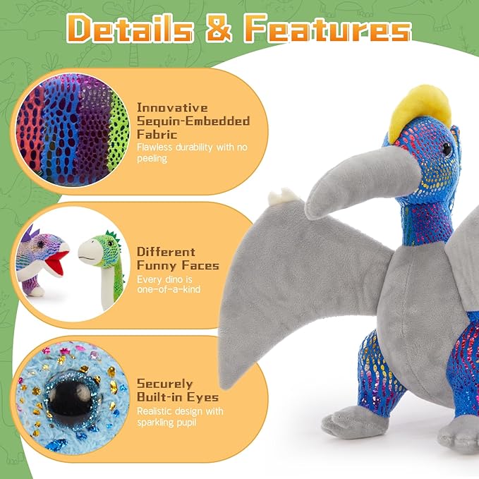 MaoGoLan 6 Pack Dinosaur Stuffed Animals Bulk Party Favors 12 Inch Dinosaur Plush Toy for Kids, Collectible Dino Squad Bundle with T-Rex Velociraptor Stegosaurus Triceratops Pterodactyl