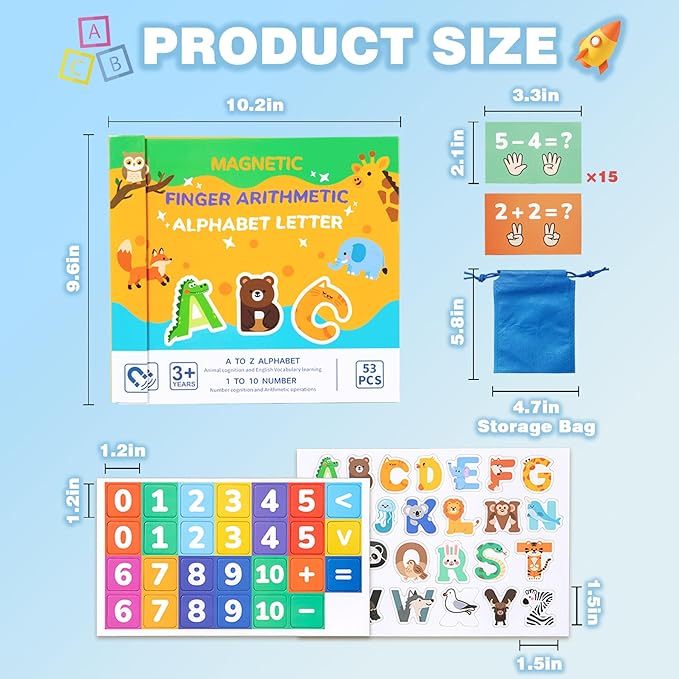 Magnetic Alphabet & Number with Animal-Shaped 2-in-1 ABC & Math Learning Toys for Kids Ages 3-6 | Spelling, Counting, Montessori Preschool Educational Toy with Storage Book