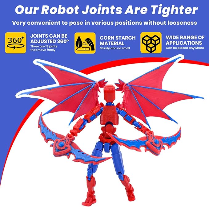 Titan 13 Robot Action Figure,Dummy 13,Articulated Robot with Demon Wings, 3D Printed robo 13 Action Figure Articulated (Red Blue)