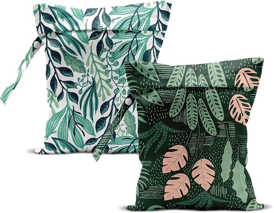 2Pcs Tropical Wet Bag 12x10 Inch, Plant Waterproof Reusable Wet Dry Bags, Leaves Washable Travel Laundry Bags for Swimsuit Beach Diapers Dirty Yoga Gym Clothes, Plants Gifts for Women Friend