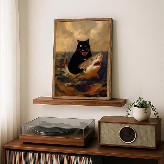 Funny Black Cat Riding Shark Wall Art Whimsical Bar Cart Wall Decor Picture Eclectic Shark Ocean Poster Canvas Painting Prints for Bedroom Living Room 12x16 inch Framed