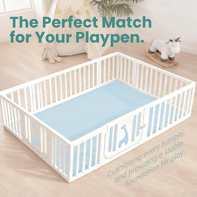 Huloo Sleep Baby Play Mat for Floor,1.3" Thick Elasti-Foam 50"×74" Playpen Mat for Tummy Time,Water Repellent Soft Coral Velvet for Toddler,Infant,Kids,Non-Slip Backing Safe for Crawling(Light Blue)