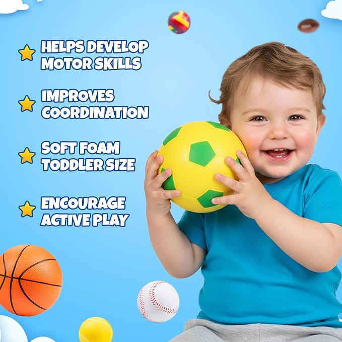 Sports Balls for Toddlers 1-3, 6 Piece Soft Sports Balls with Foam Soccer, Basketball, Football, Baseball, Tennis & Volleyball - Toddler Boys & Girls Ball Toy Gift