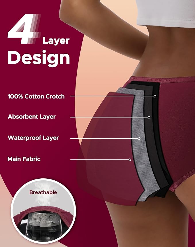 INNERSY Period Underwear for Women Teens Leak-Proof Menstrual Cotton Protective Hipster Panties 3-Pack