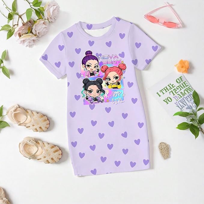 Girl's Anime K-POP Graphic Long Dress T-Shirt - Casual Loose Fit Short Sleeve Top