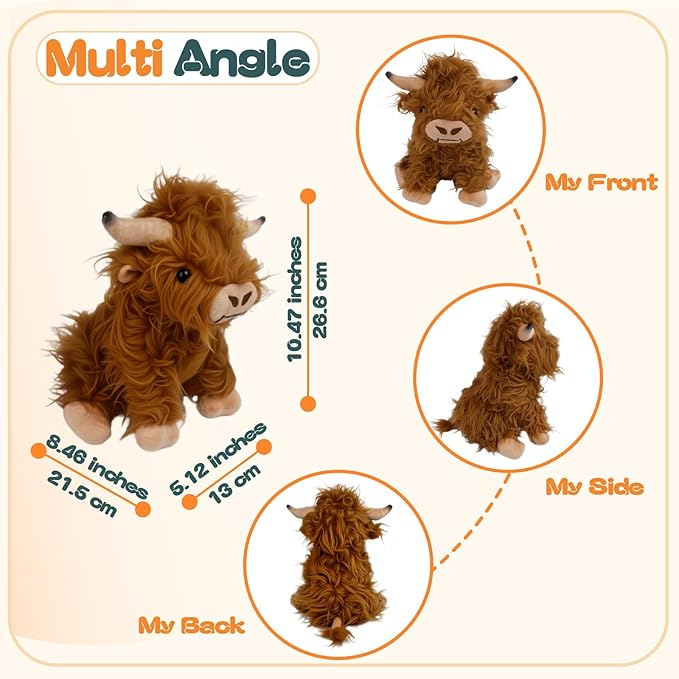 Inmorven 10.5 inches Highland Cows Stuffed Animals, Adorable Highland Cow Plush, Cute Scottish Cow Plush Toy, Farm Cattle Fluffy Cattle Gifts for Baby Kids Girls Boys Toddler Realistic Plush Décor