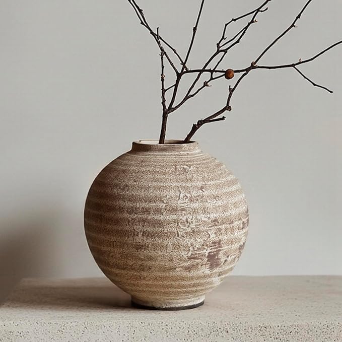 DIF DECO Ceramic Farmhouse Vase Rustic Decor,Pottery Decorative Flower Vases for Home Decor,Boho Vase for Table, Living Room,Bathroom,Shelf,Mantel Decoration,Light Brown (5.5 inch)