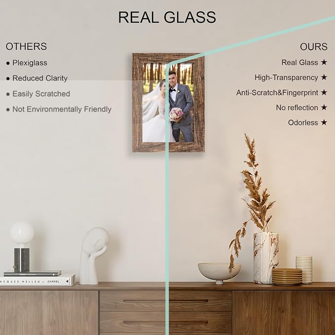 Hongkee 5.5 x 8.5 Diploma Frame Set of 4, Made of Real Glass and Rustic Brown Frame, 5.5 by 8.5 Photo for Wall or Tabletop