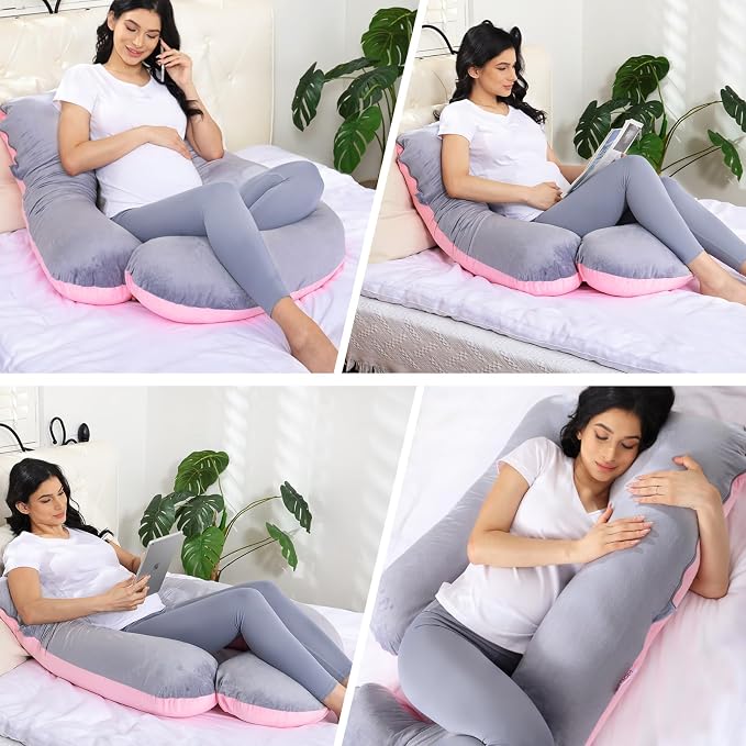 Pregnancy Pillow for Sleeping, Soft 57“ Full Body Maternity Pillow, U Shaped with Removable Washable Cover, Support for Back, Belly, Leg, Hip, Neck & Shoulder (Pink & Grey)