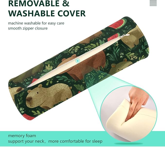Green Grass Capybara Watermelon Neck Roll Pillow Bolster Round Health Memory Foam Long Cervical Cylinder Pillows with Removable Washable Cover for Body Bed Legs Back Yoga