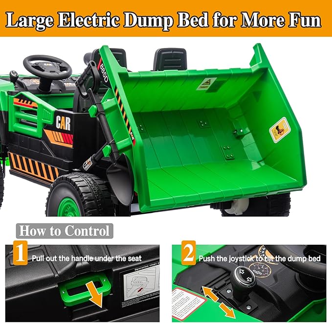 POSTACK XL 24 Volt Kids Ride on Toy, Ride on Construction Vehicle with 4 Powerful Motors Side by Side, 20" Spacious Two Seater Ride On Toddler Car with Electric Dump Bed, Green