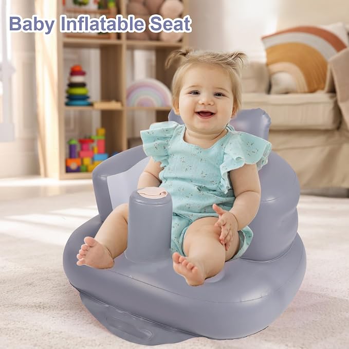 AirSwim Inflatable Baby Seat, Inflatable Baby Chair for Babies 3 Months and Up, Summer Blow Up Chair with Built in Air Pump, Infant Floor Seats for Learning to Sit, Palying, Camping, Grey