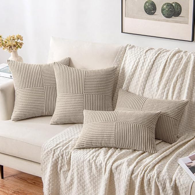 MIULEE Taupe Decorative Throw Pillow Covers for Couch 18x18 Inch | 2 Pack, Boho Farmhouse Pillow Covers, Soft Cross Corduroy Patchwork Textured Cushion Cases For Bed Sofa