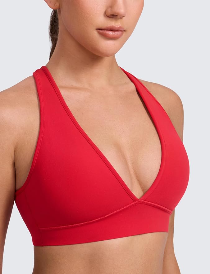 CRZ YOGA Butterlift Deep V Neck Sports Bras for Women - Padded Gym Wide Straps Cut-Out Cross Back Crop Pilates Workout Top