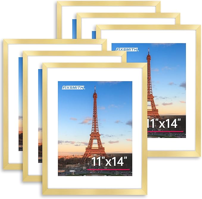 11x14 Picture Frame Bulk-6 Pack, Photo Frame with HD Plexiglass, Display Pictures 8x10 with Mat or 11x14 Without Mat, Gold Picture Frames Collage Wall Decor