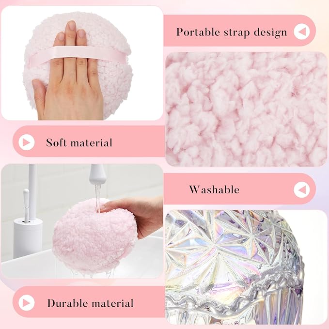 Tioncy 2 Pcs Extra Large Dusting Powder Puff and Container for Women-6'' Glass Crystal Dusting Powder Container with Body Soft Washable Reusable Velour Face(Dazzling,Crown)