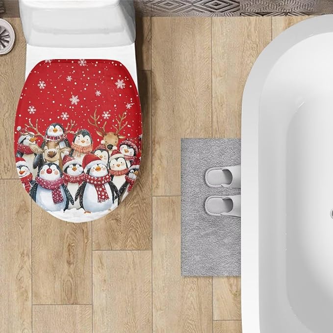 Christmas Penguin Toilet Tank Cover for Xmas Decor Rv Oblong Toilet Seat Cover with Elastic Edges Bathroom Decoration Accessories,Replacement