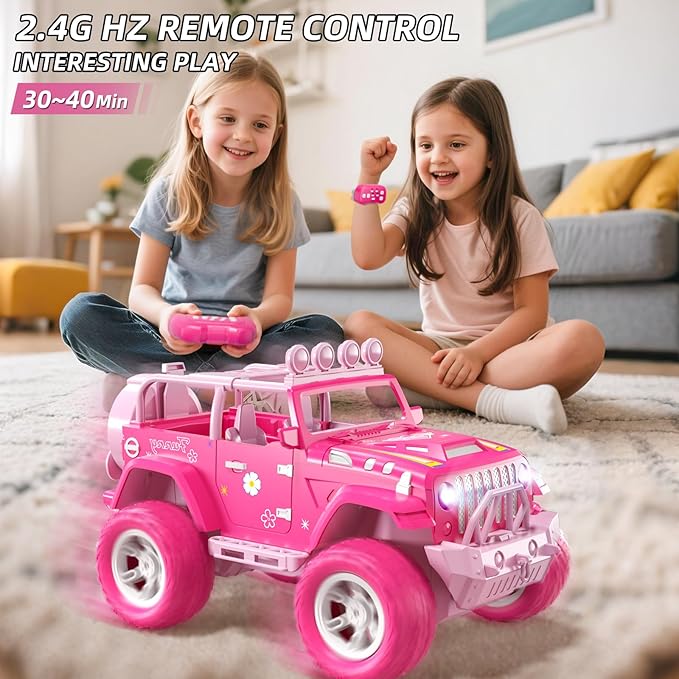 JUKUDAHU Pink Remote Control Car for Girls 4-7, 2.4GHz Off-Road RC Jeep with Spray, Climbing Toy for Girls Aged 3-4 5-6 7-8 9-10, Remote Control Vehicle Gift for Birthday Christmas Toys